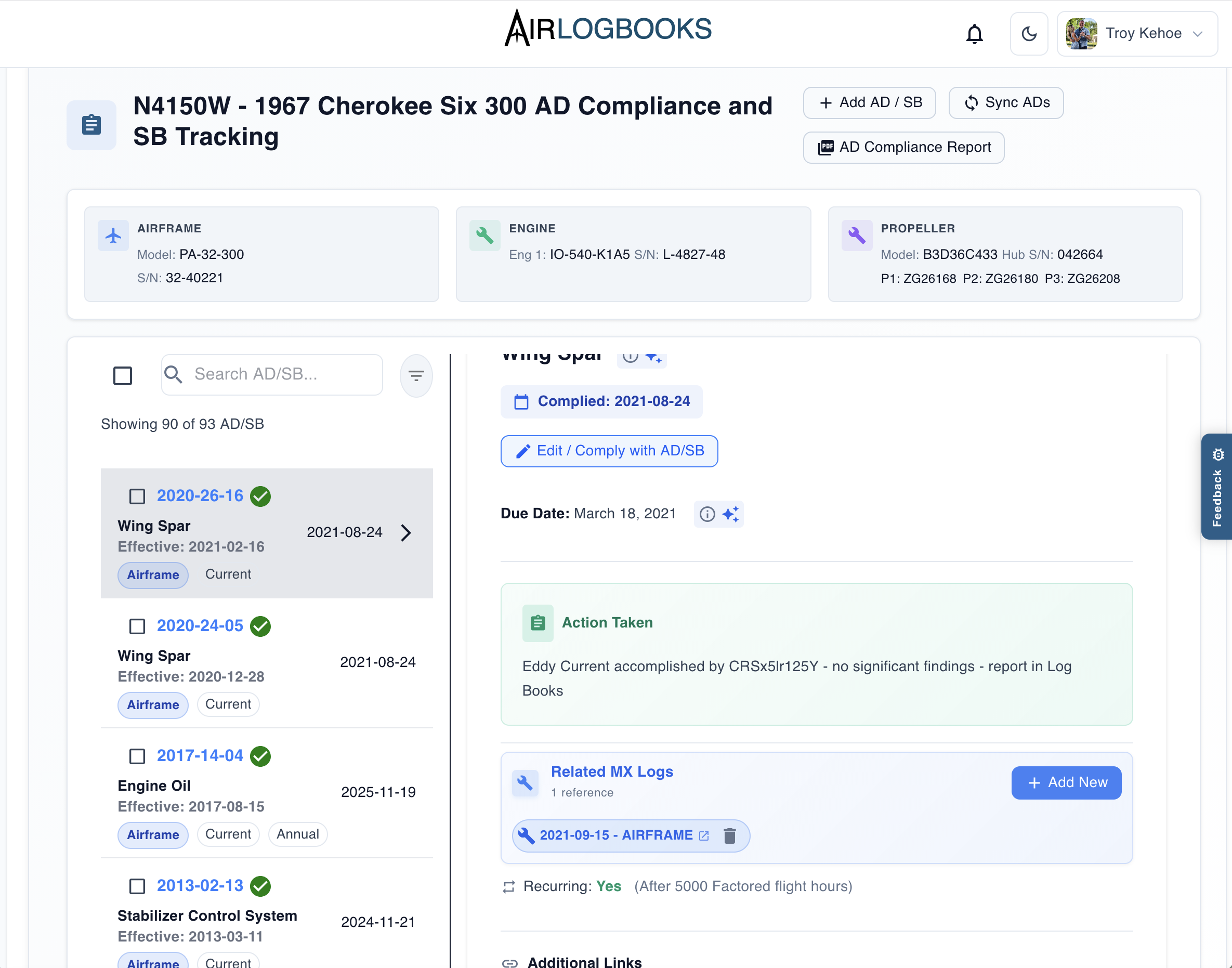 AirLogbooks AD tracking view