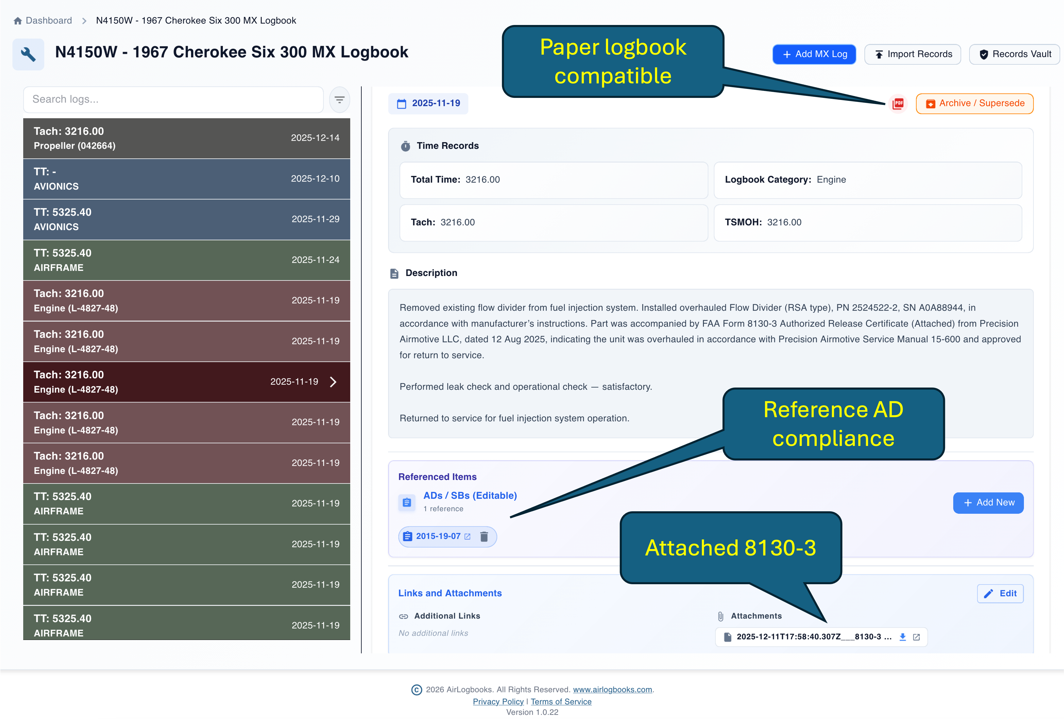 Digital aircraft logbook software with maintenance records, time tracking, attached documents, and signatures