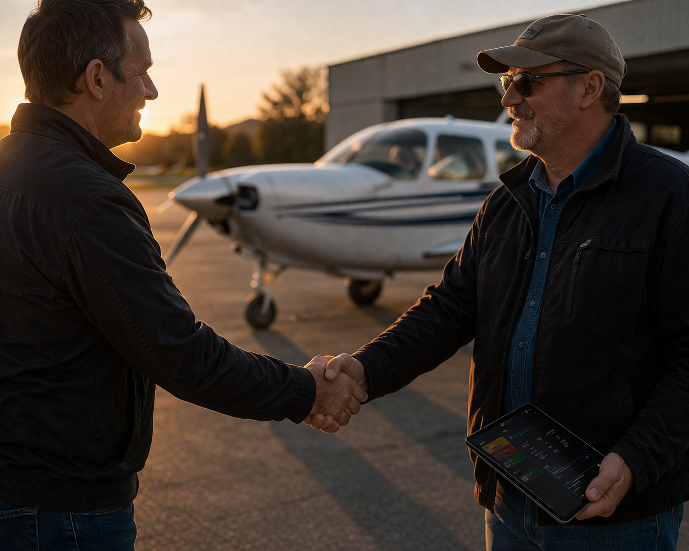 Handshake beside aircraft with tablet review