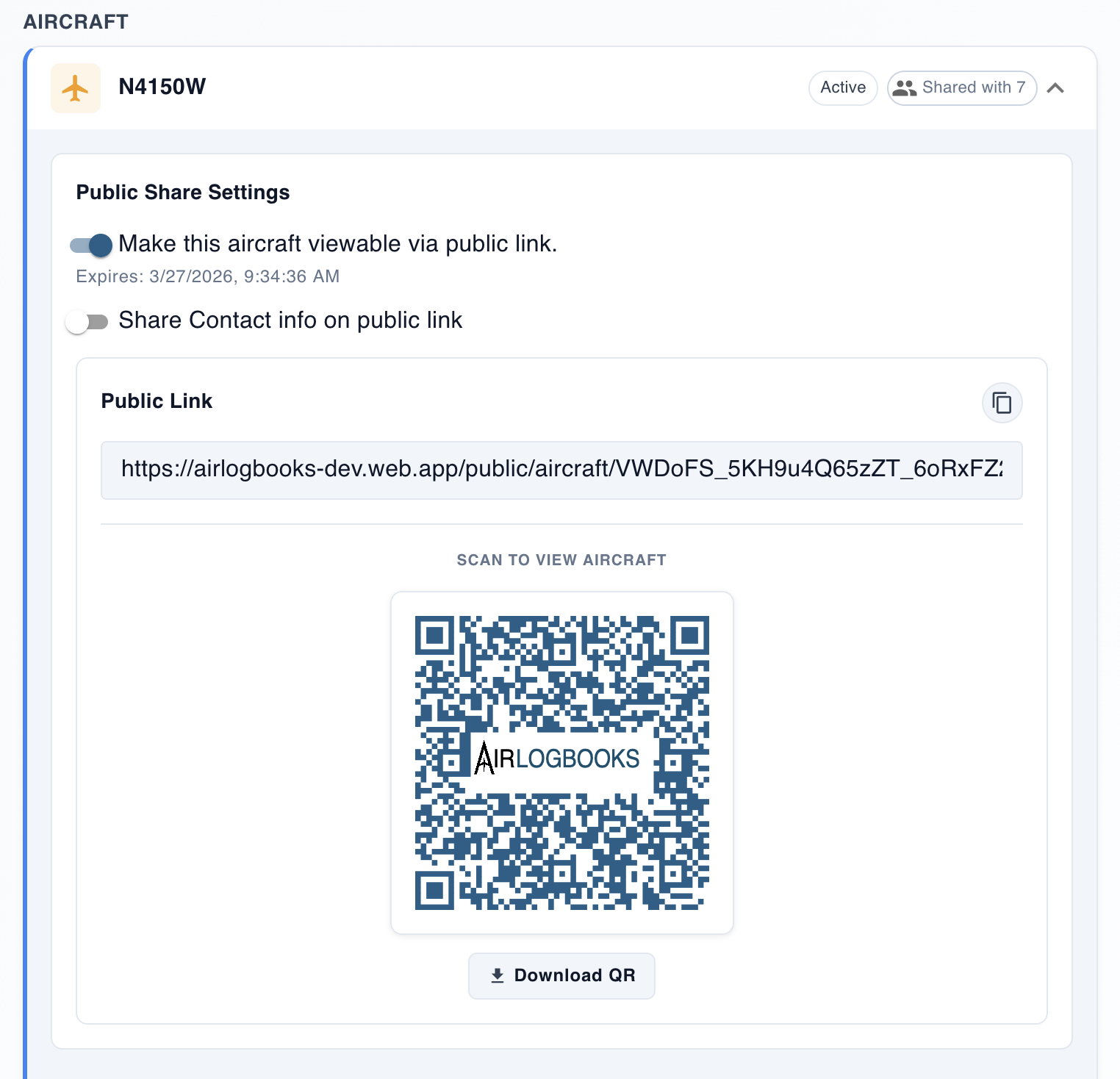 AirLogbooks aircraft record sharing QR code