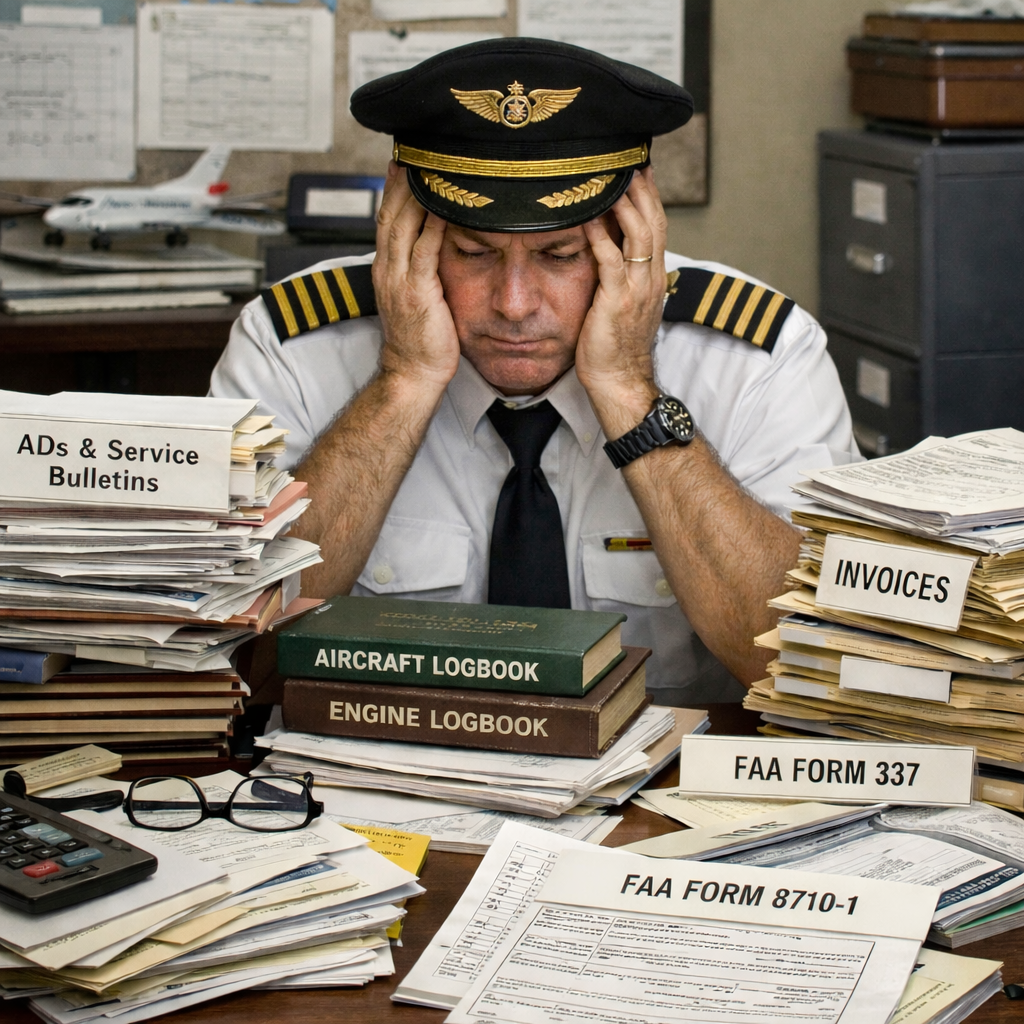 Pilot surrounded by paperwork